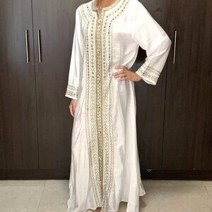 Embroidered White Galabeya Women Size S Arabic Dress Long Sleeves White Ramadan